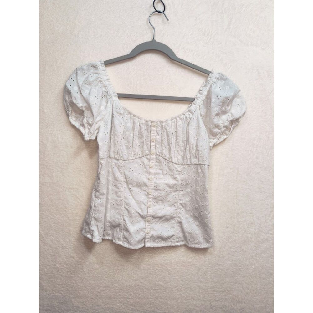 Hollister White Eyelet Cotton Blouse Small Puff Sleeve Cottagecore Button Front
